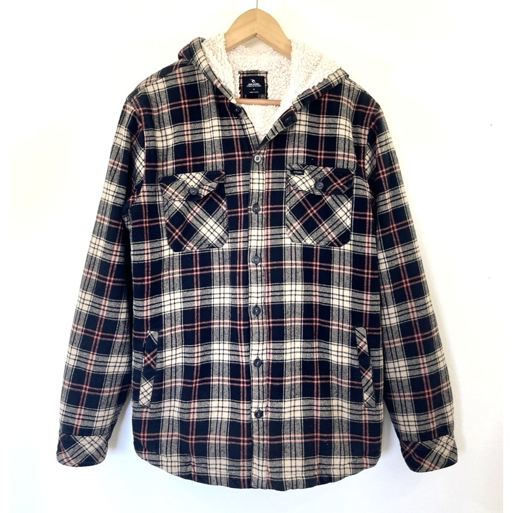 Rip Curl Shores Mens Sherpa Lined Hooded Flannel Shirt Jacket Sz M Pockets Chore